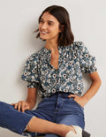 Seidenbluse mit Smokdetails-Schwarz, Blumenwiese