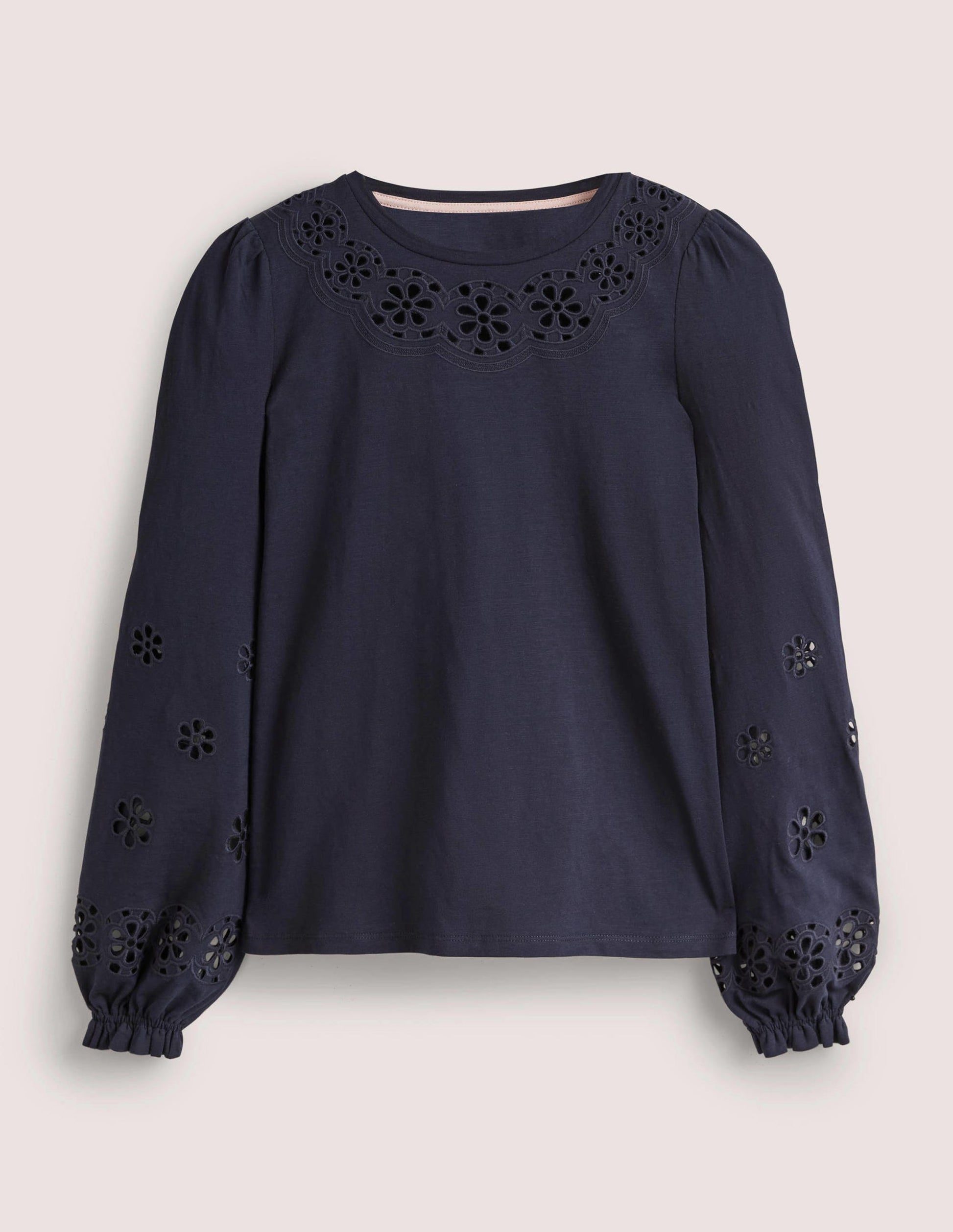 Top en jersey à empiècement en broderie anglaise-Bleu marine-5