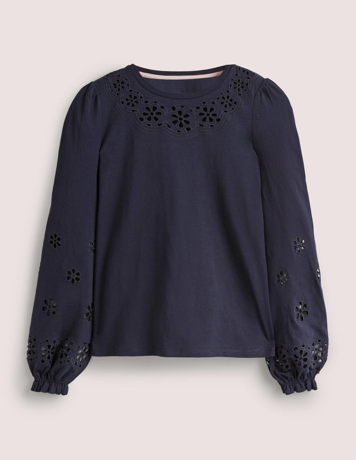 Top en jersey à empiècement en broderie anglaise-Bleu marine - Image 5