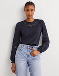 Top en jersey à empiècement en broderie anglaise-Bleu marine