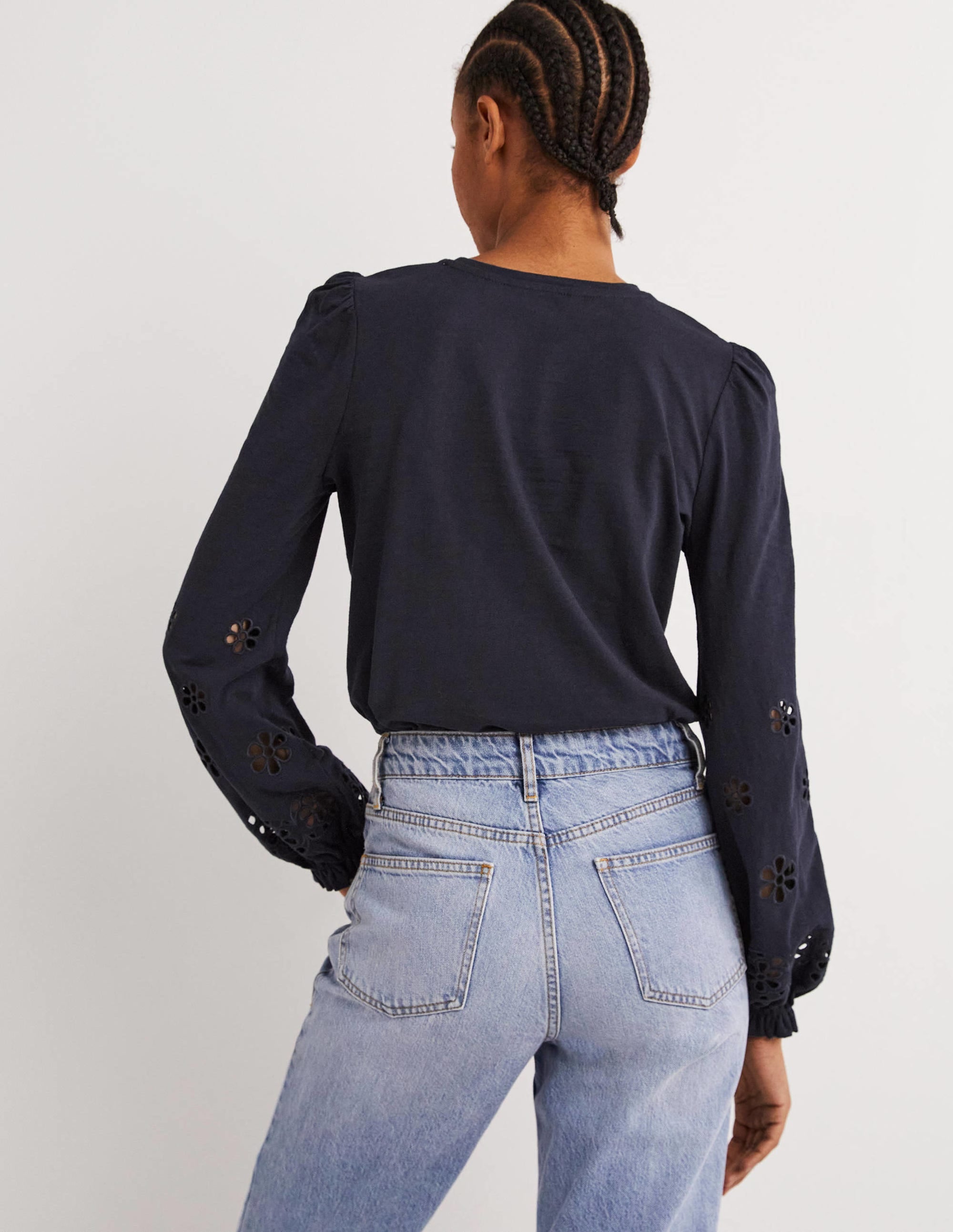 Top en jersey à empiècement en broderie anglaise-Bleu marine - Image 3