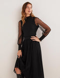 Black Polka Dot Tulle-Sleeve Party Top-Schwarz, Schwarz Geflockte Tupfen