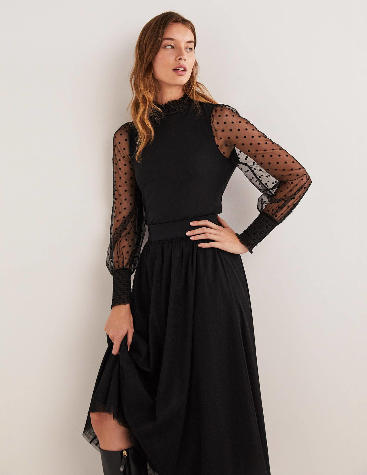 Black Polka Dot Tulle-Sleeve Party Top-Schwarz, Schwarz Geflockte Tupfen - Image 1
