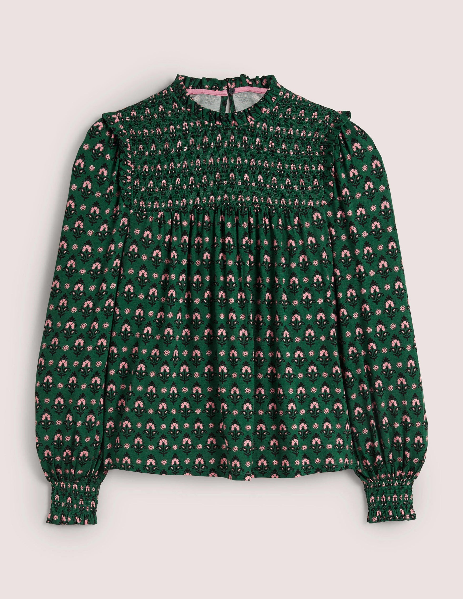 Smocked Yoke Top-Hunter Green, Tapestry Bud-5