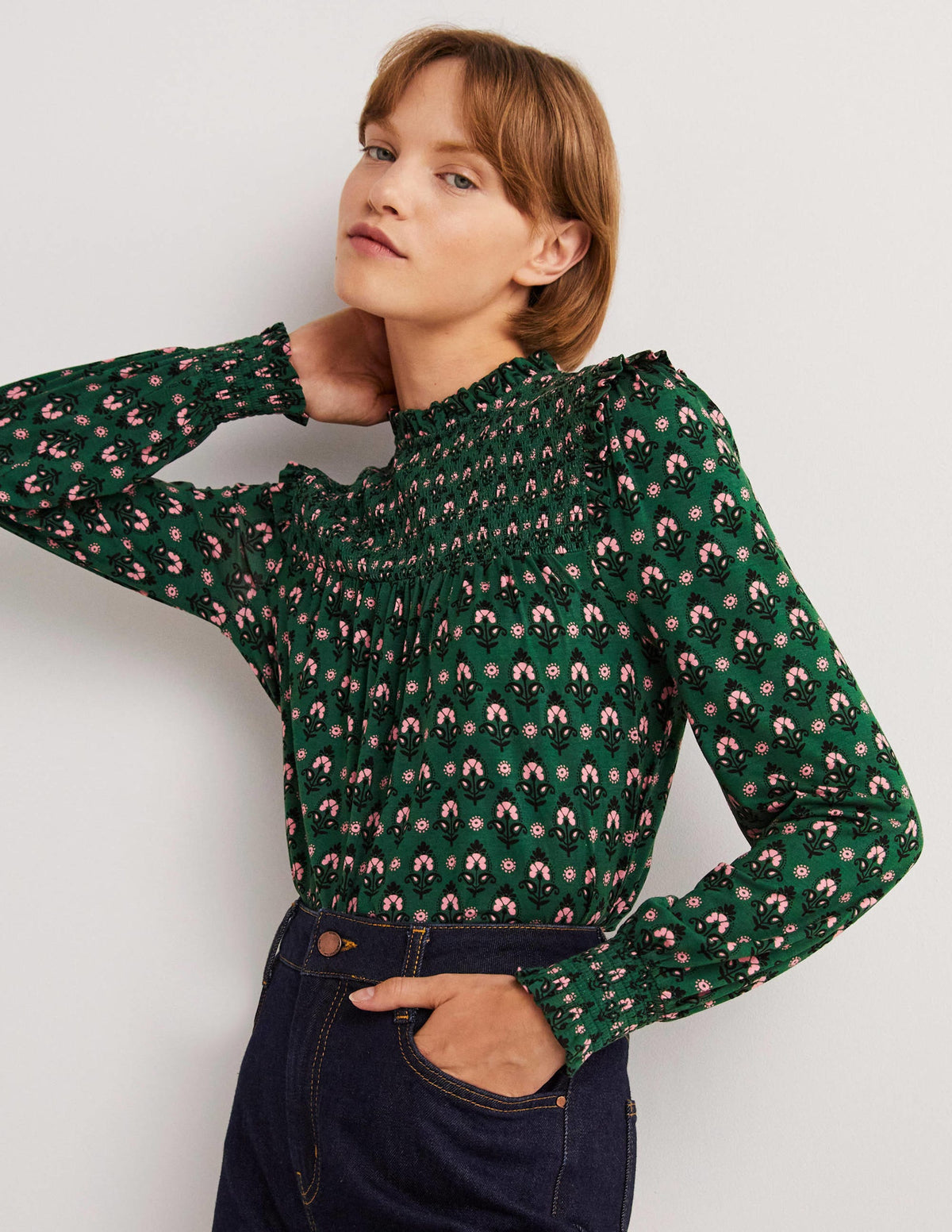Smocked Yoke Top-Hunter Green, Tapestry Bud - Image 1