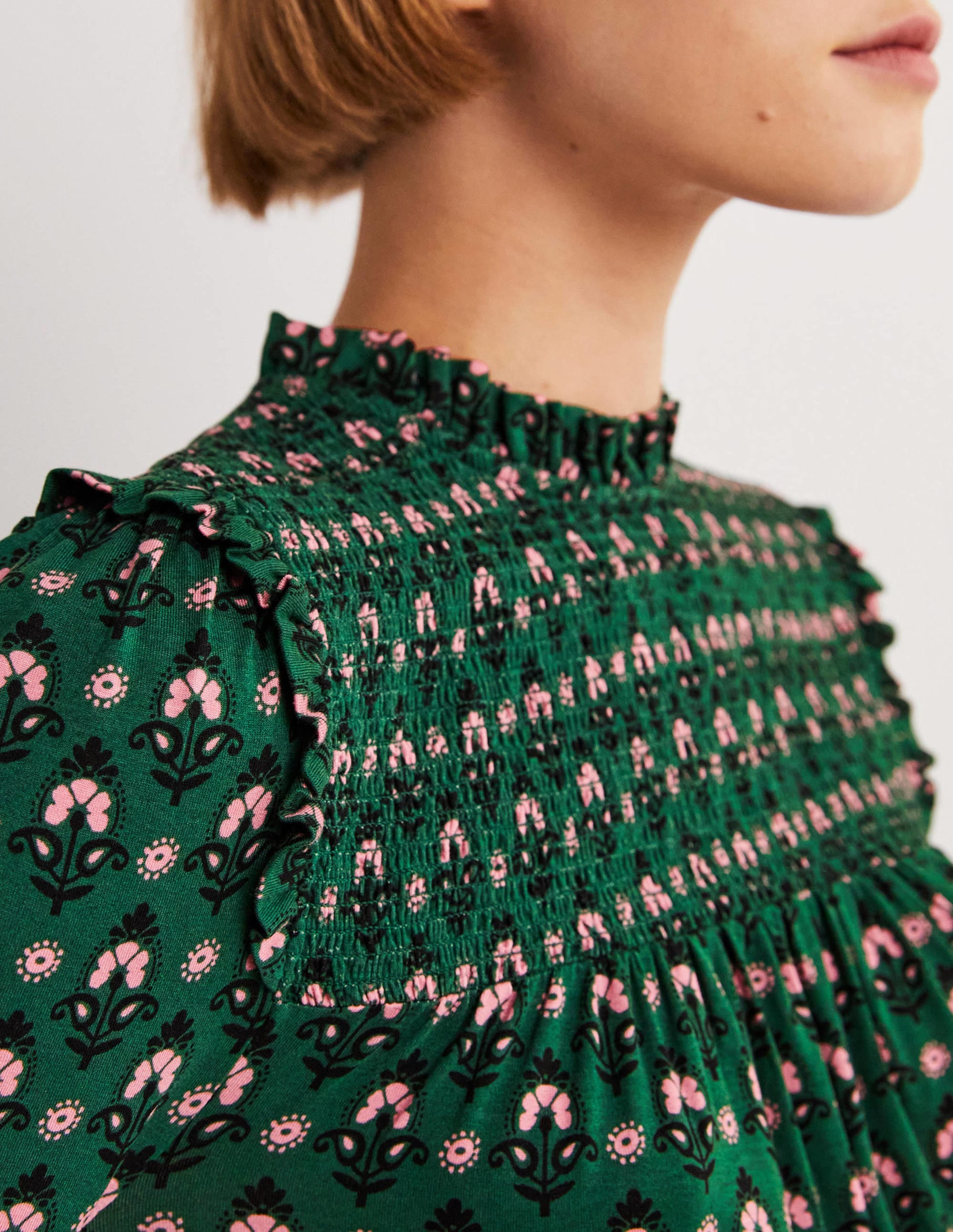 Smocked Yoke Top-Hunter Green, Tapestry Bud - Image 2