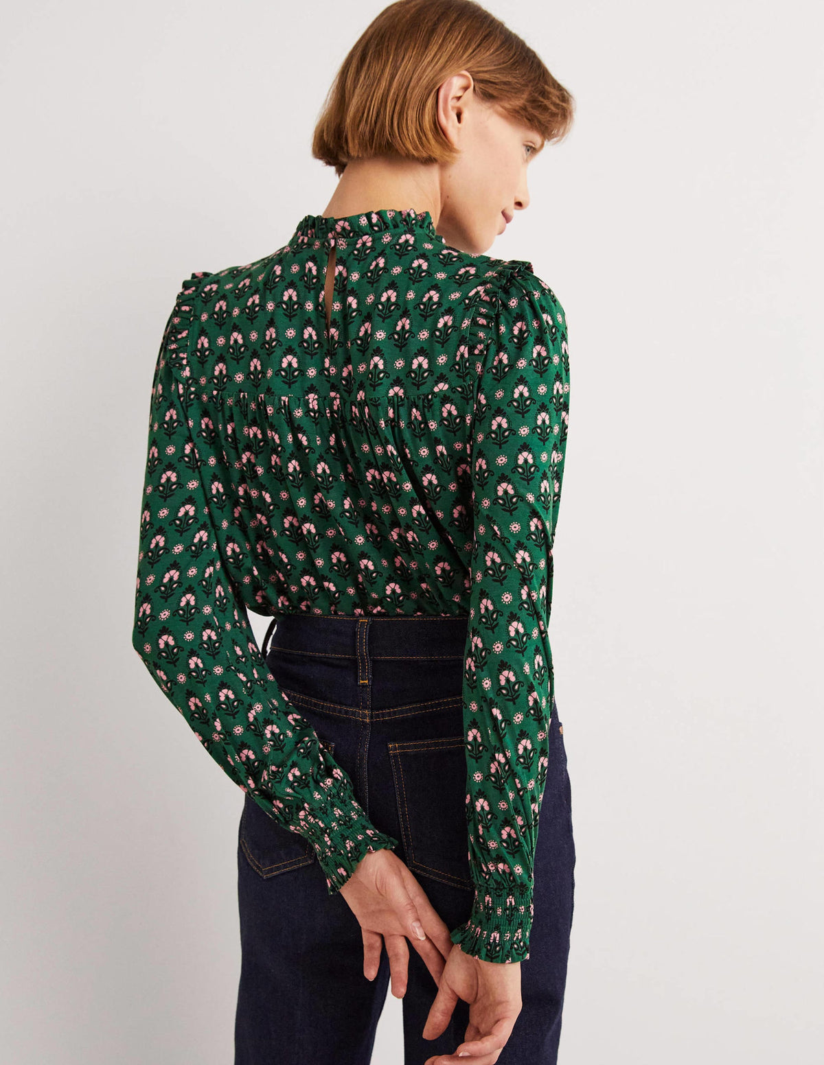 Smocked Yoke Top-Hunter Green, Tapestry Bud - Image 3