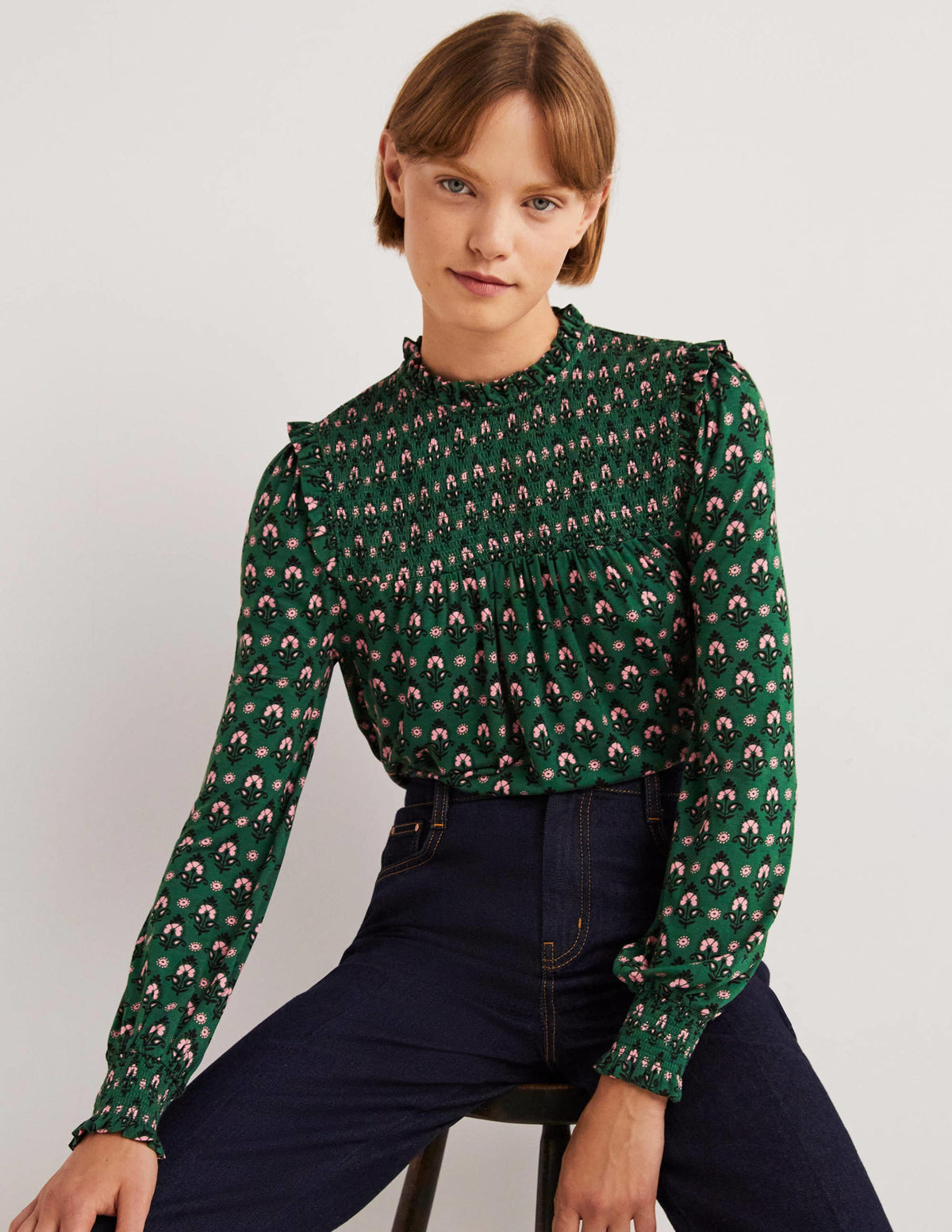 Smocked Yoke Top-Hunter Green, Tapestry Bud - Image 4