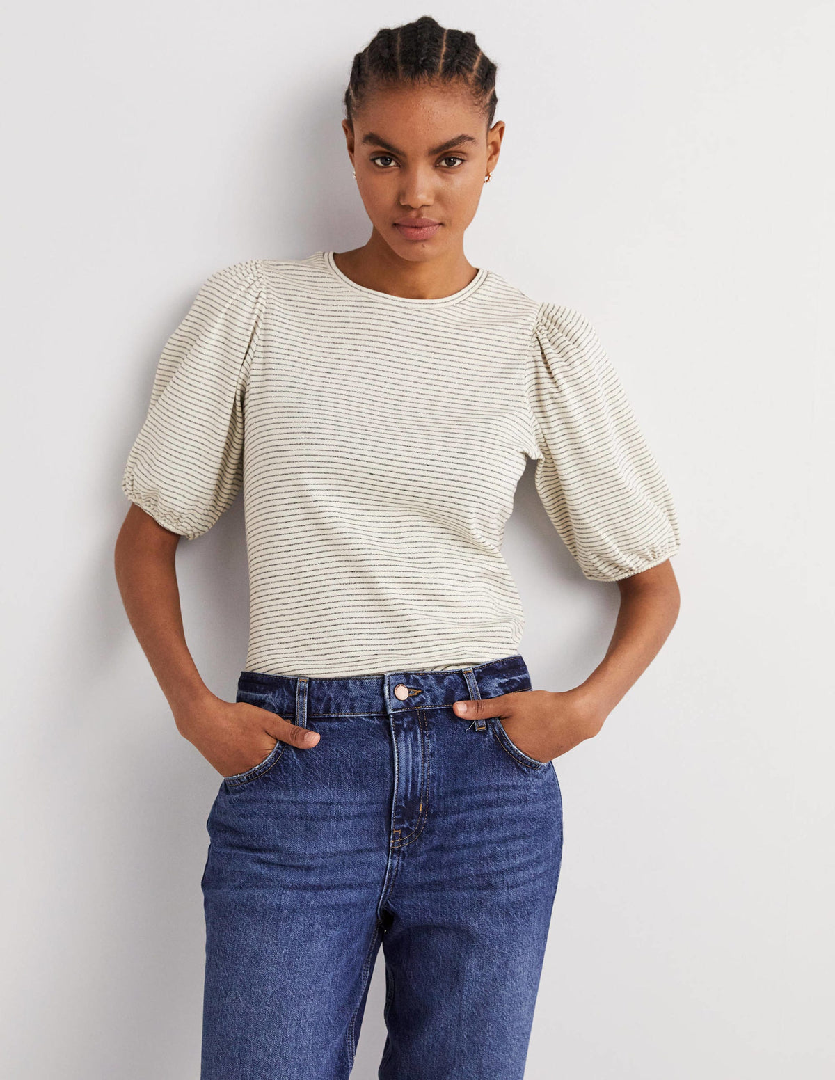 Metallic-T-Shirt mit Streifen-Naturweiß/Metallgrau-Metallic-1
