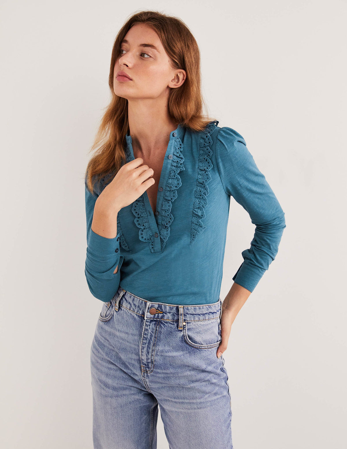 Broderie Ruffle Jersey Top-Corporal Blue-1