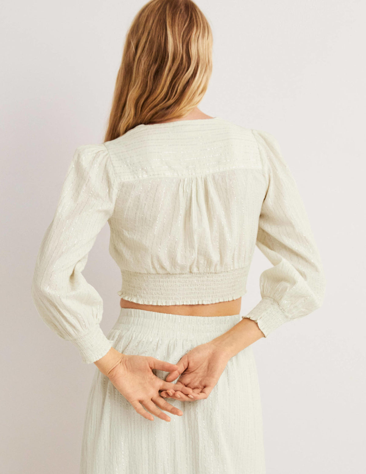 Gesmoktes kurzes Lurexoberteil-Naturweiß, Crinkle-Lurex-3