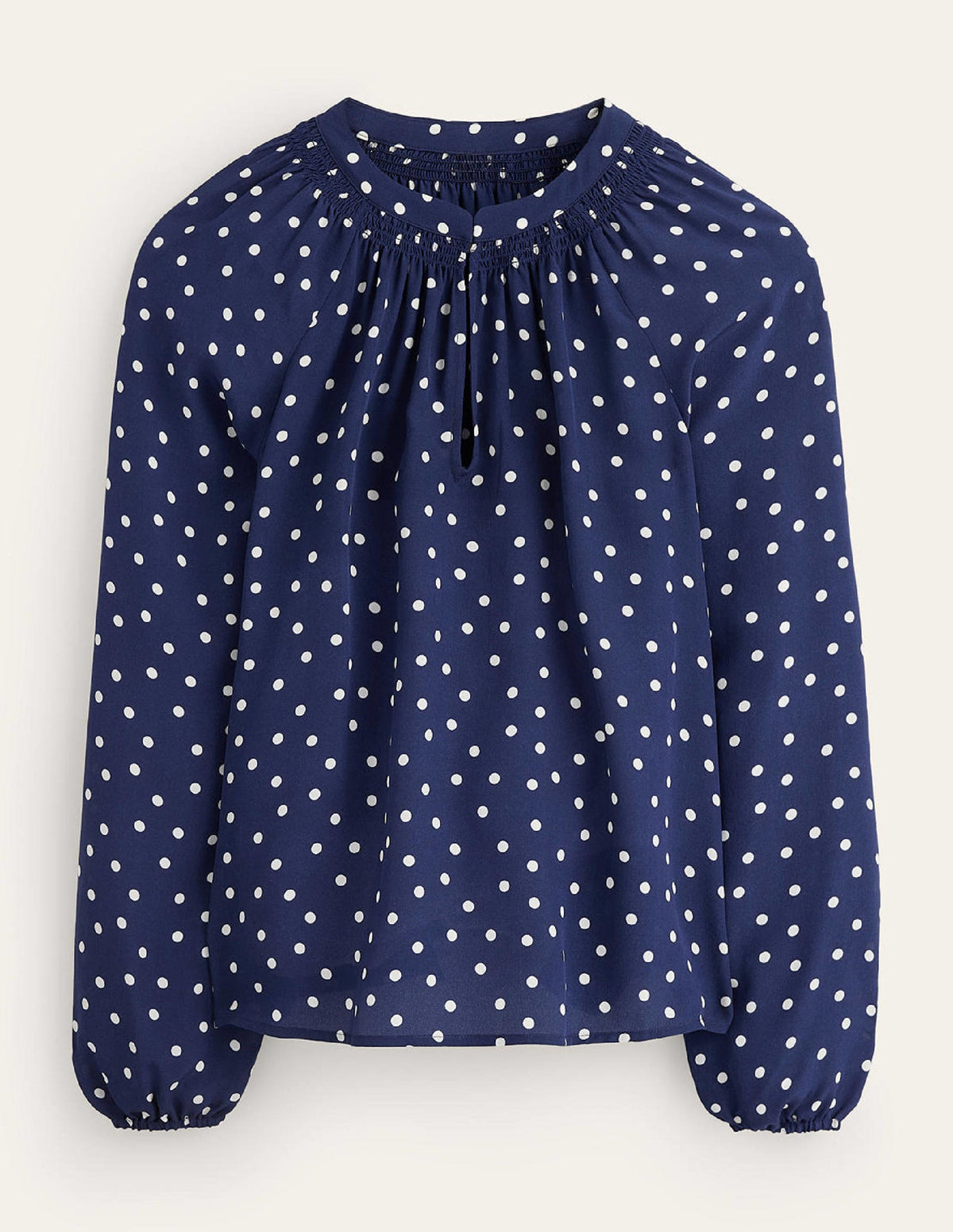Seidenbluse mit gerafftem Kragen-Marineblau Punkte - Image 5