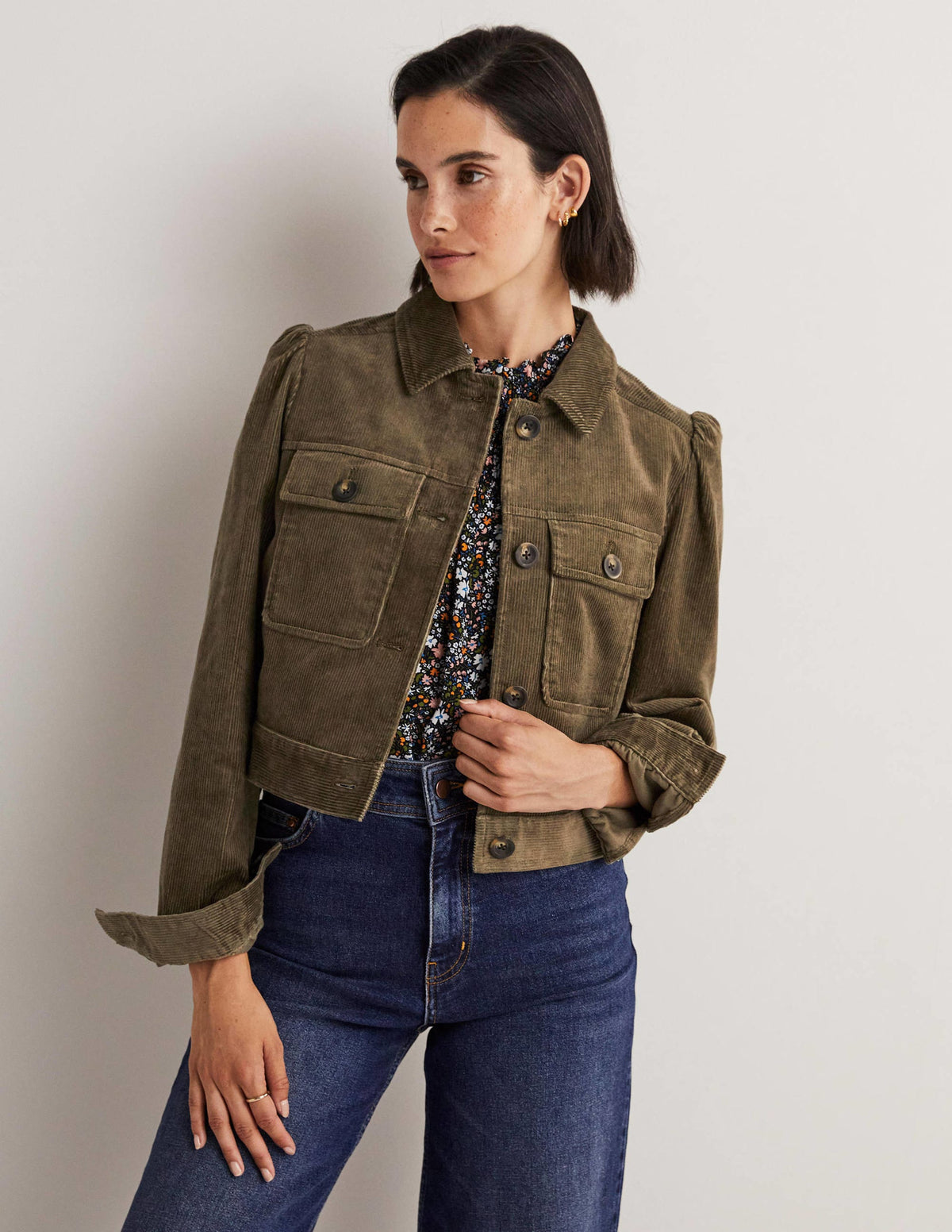 Cropped Cord Jacket-Khaki-1