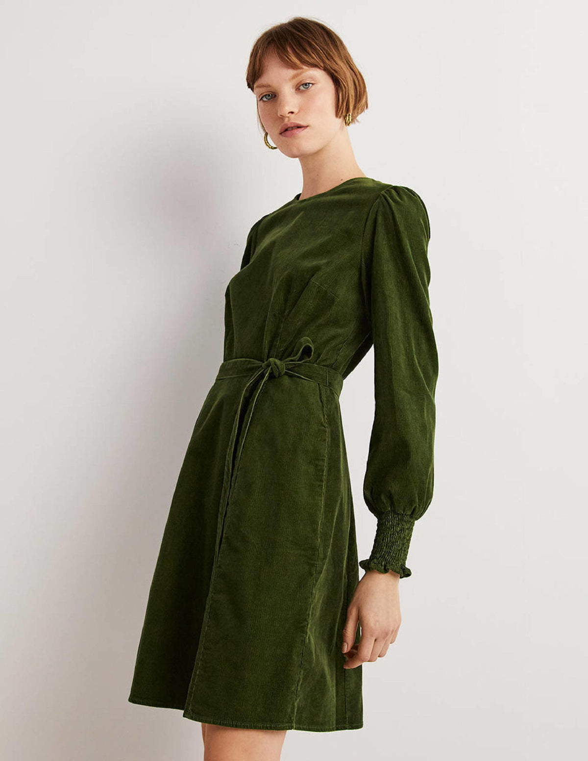 Cordkleid mit gesmokten Bündchen-Kohlgrün-4