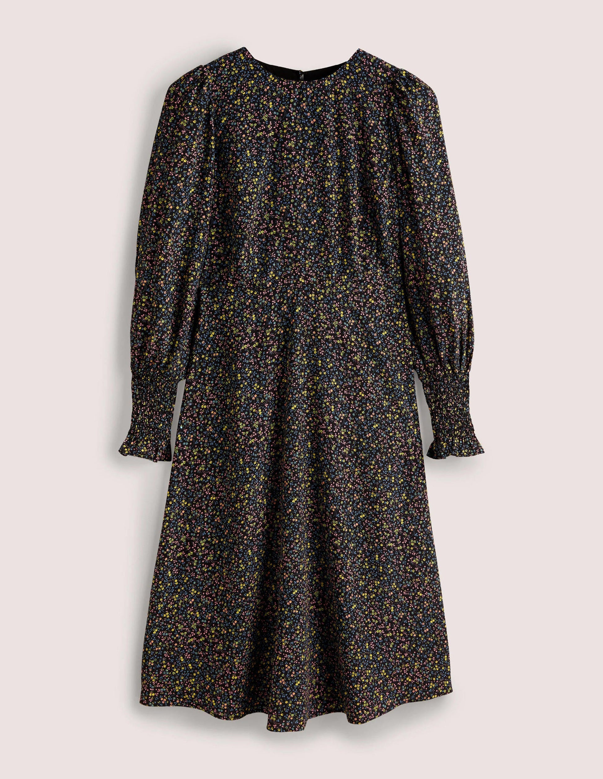 Midikleid mit gesmokten Bündchen-Schwarz, Wildranke-5