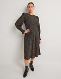 Midikleid mit gesmokten Bündchen-Schwarz, Wildranke