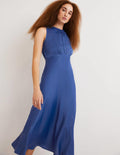 Blue Bias-cut Satin Midi Dress-Meerblau