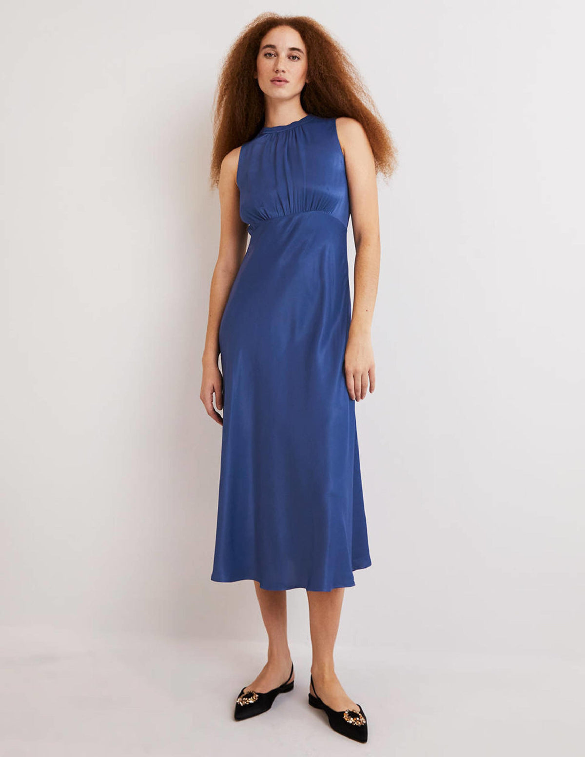 Blue Bias-cut Satin Midi Dress-Meerblau-4