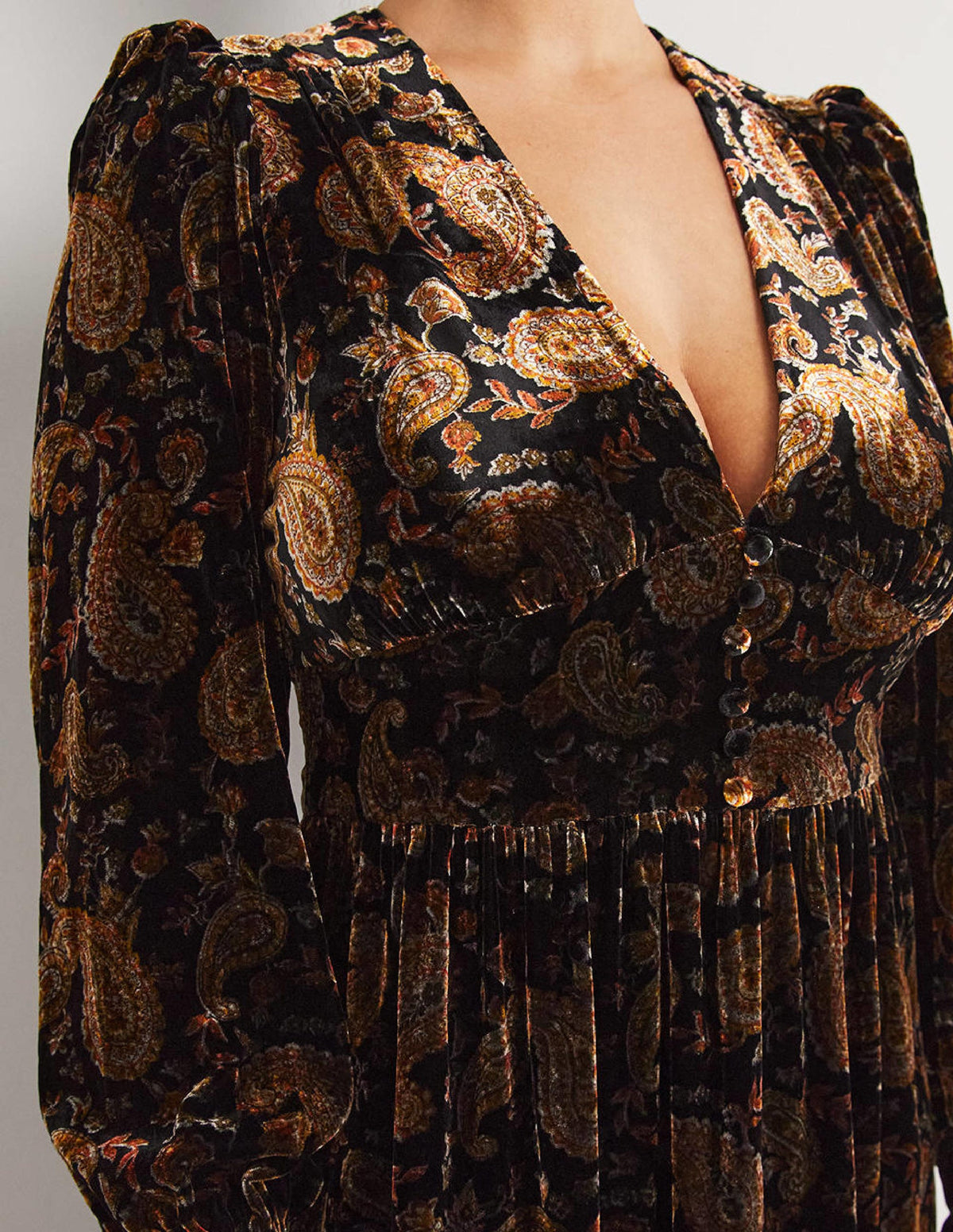 Black Paisley Velvet Midi Party Dress-Schwarz, Paisleymuster-2
