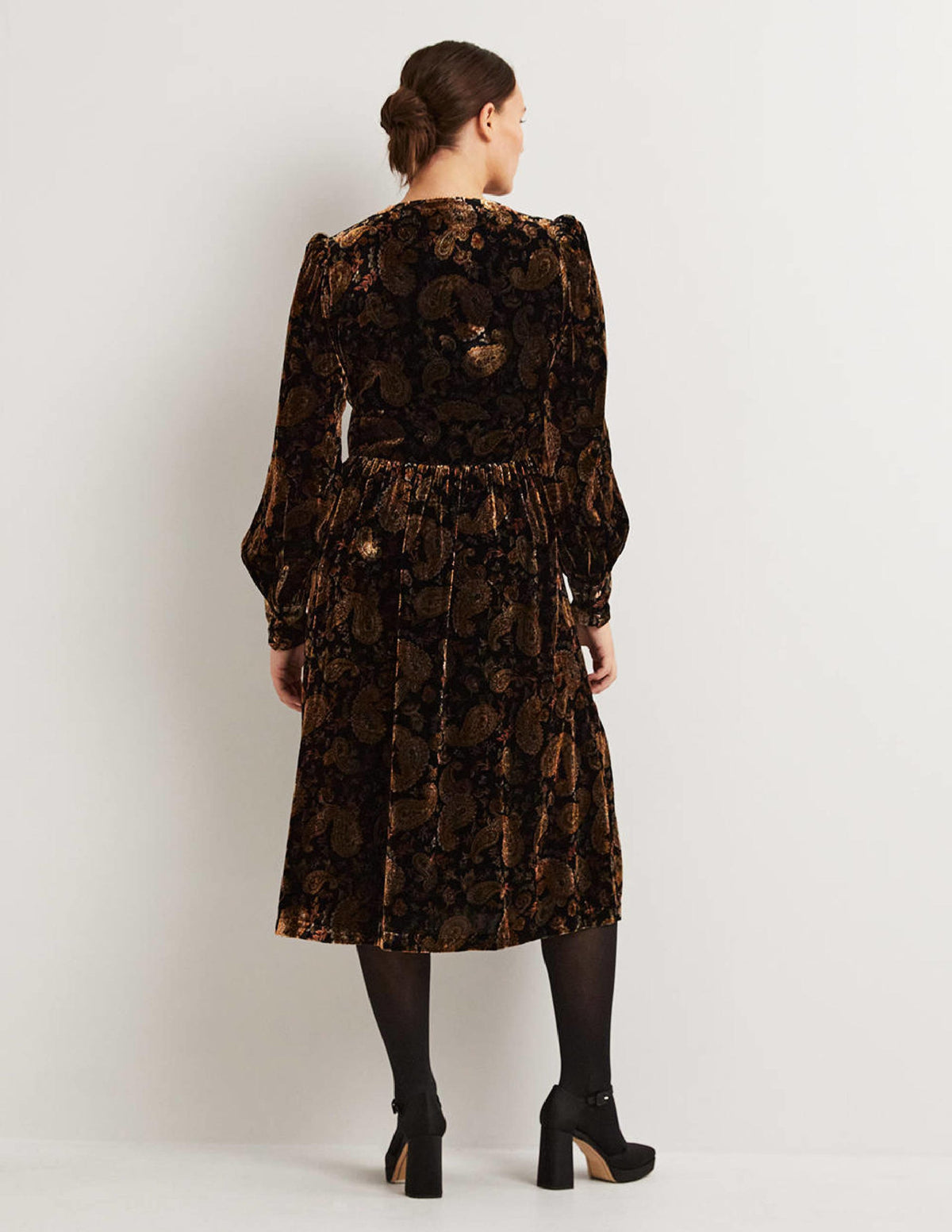 Black Paisley Velvet Midi Party Dress-Schwarz, Paisleymuster-3
