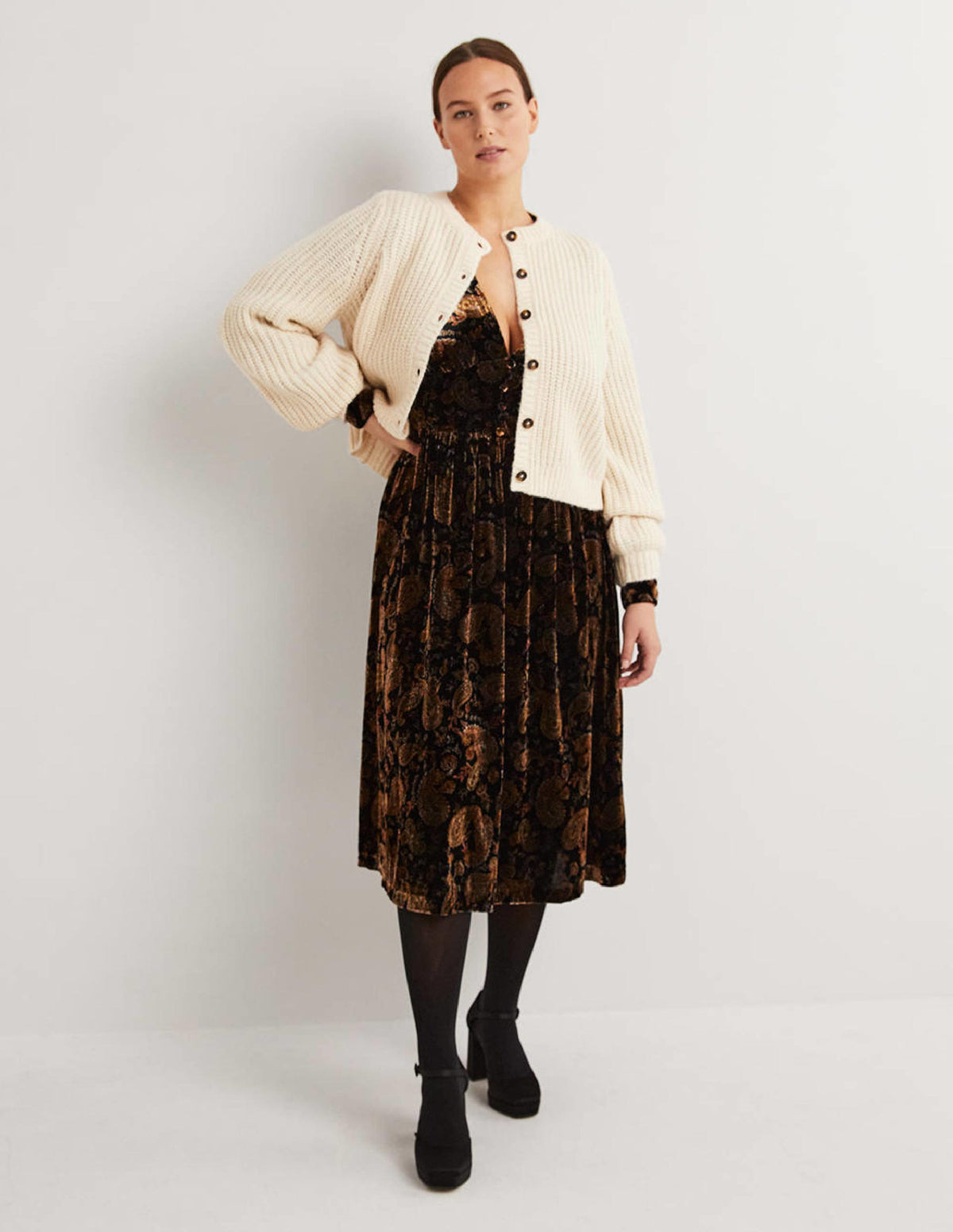Black Paisley Velvet Midi Party Dress-Schwarz, Paisleymuster-4