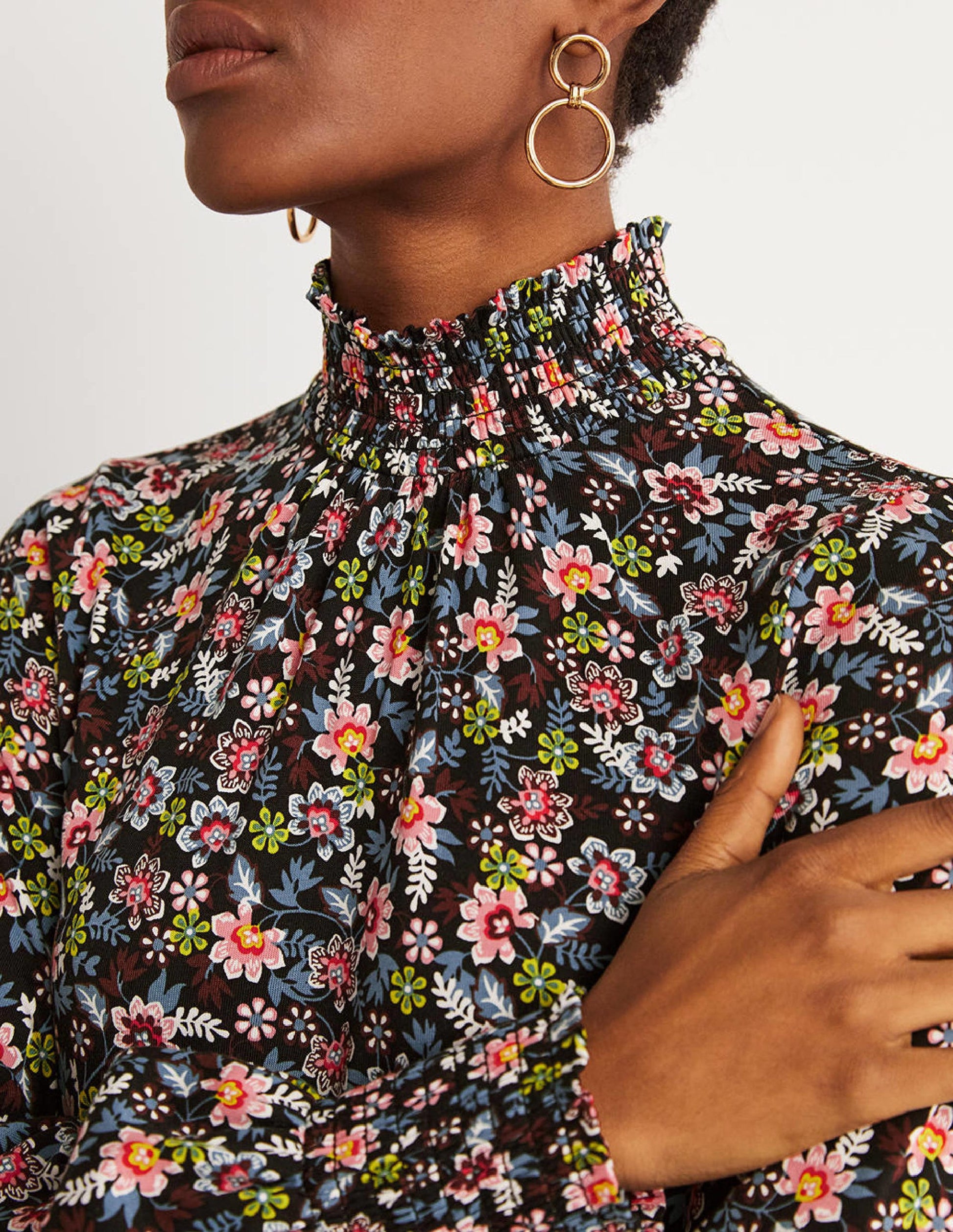 Black Floral High-Neck Shift Dress-Noir, motif Opulent Leaf-2