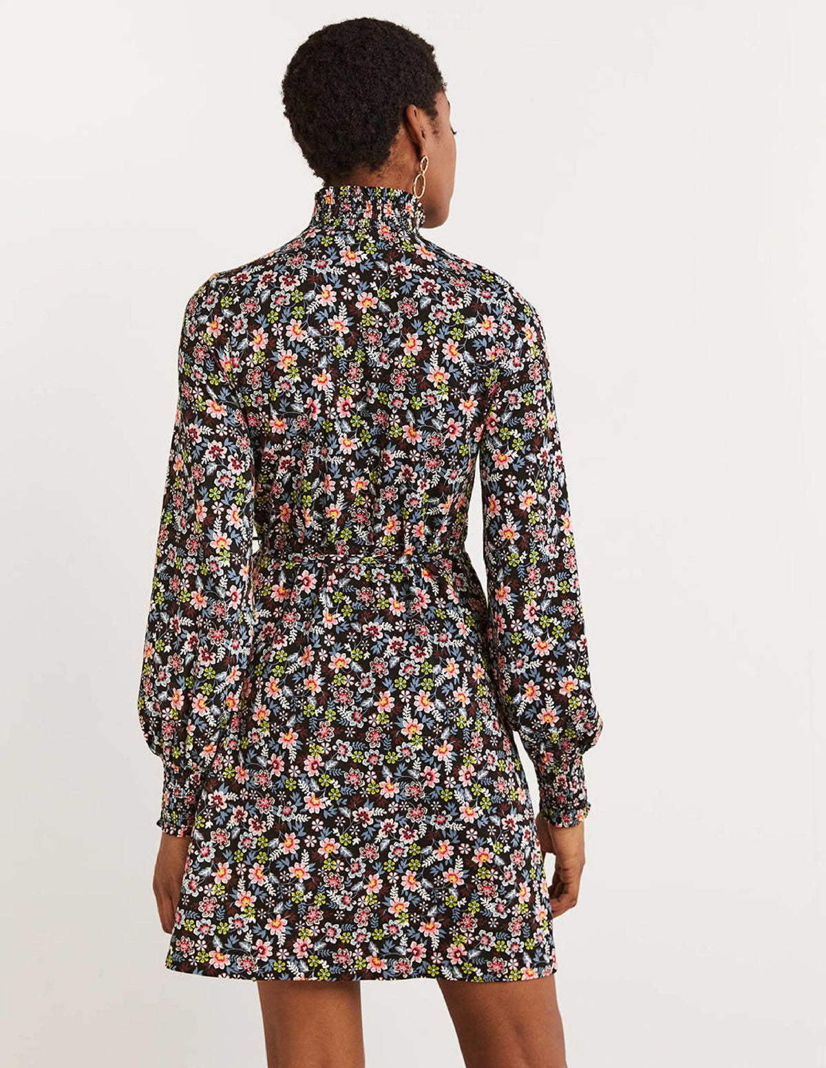 Black Floral High-Neck Shift Dress-Noir, motif Opulent Leaf-3