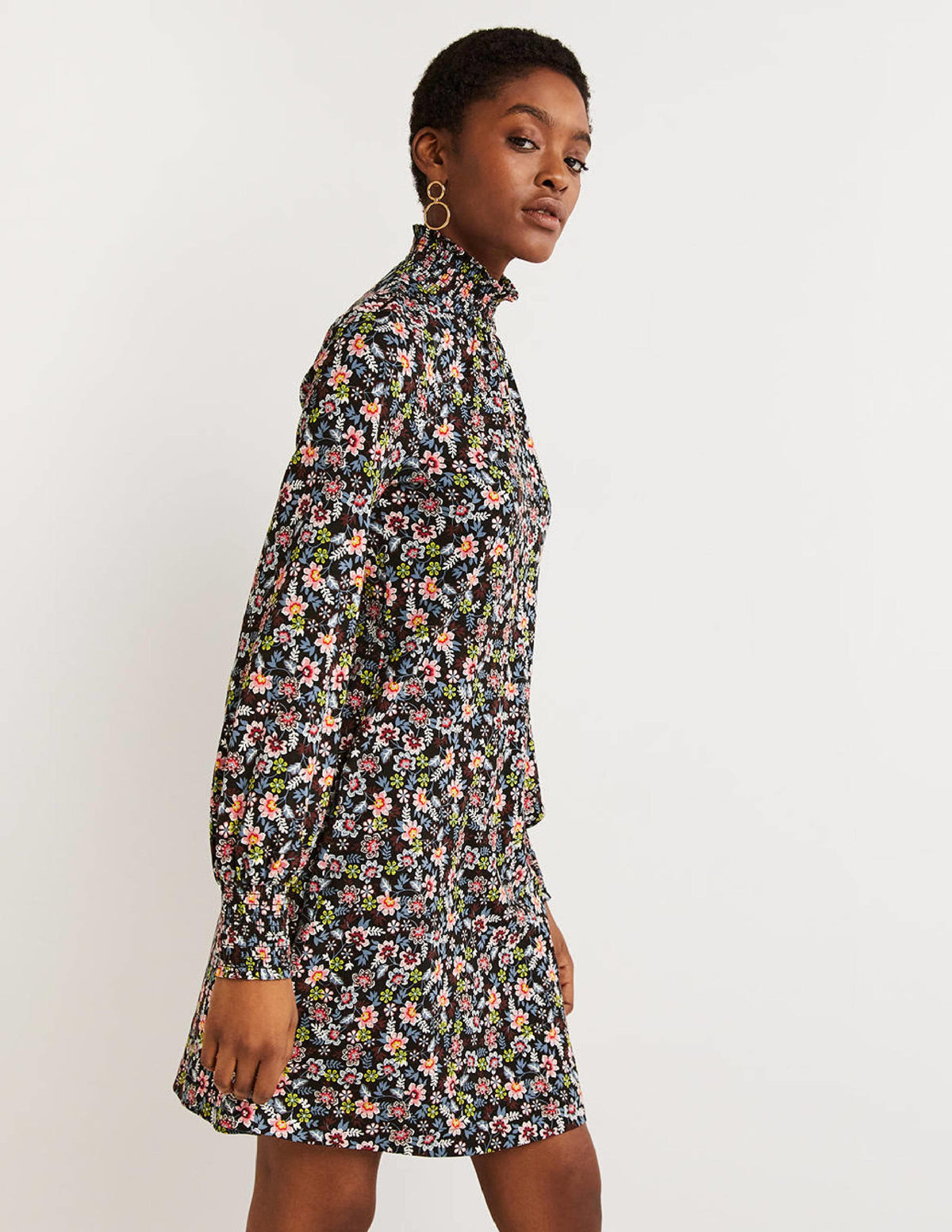 Black Floral High-Neck Shift Dress-Noir, motif Opulent Leaf-4