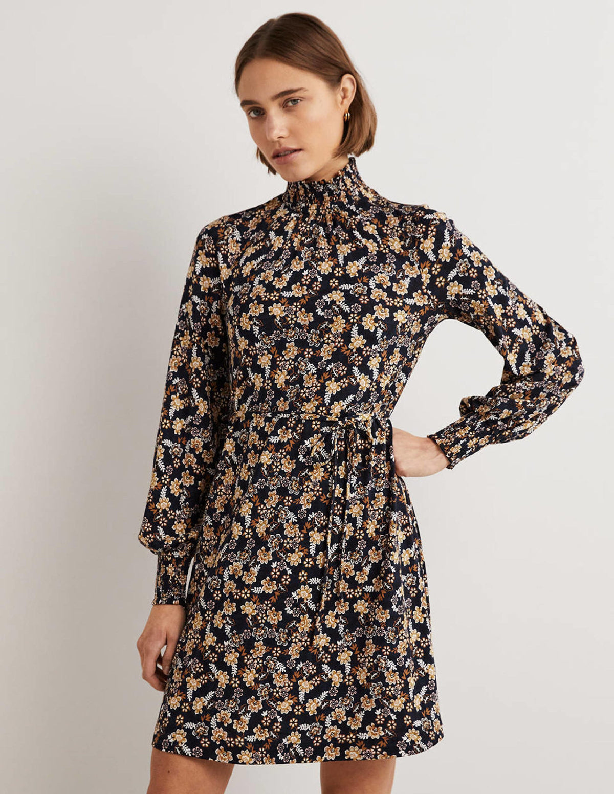 Navy Floral High-Neck Shift Dress-Französisches Navy, Üppige Blätter - Image 1