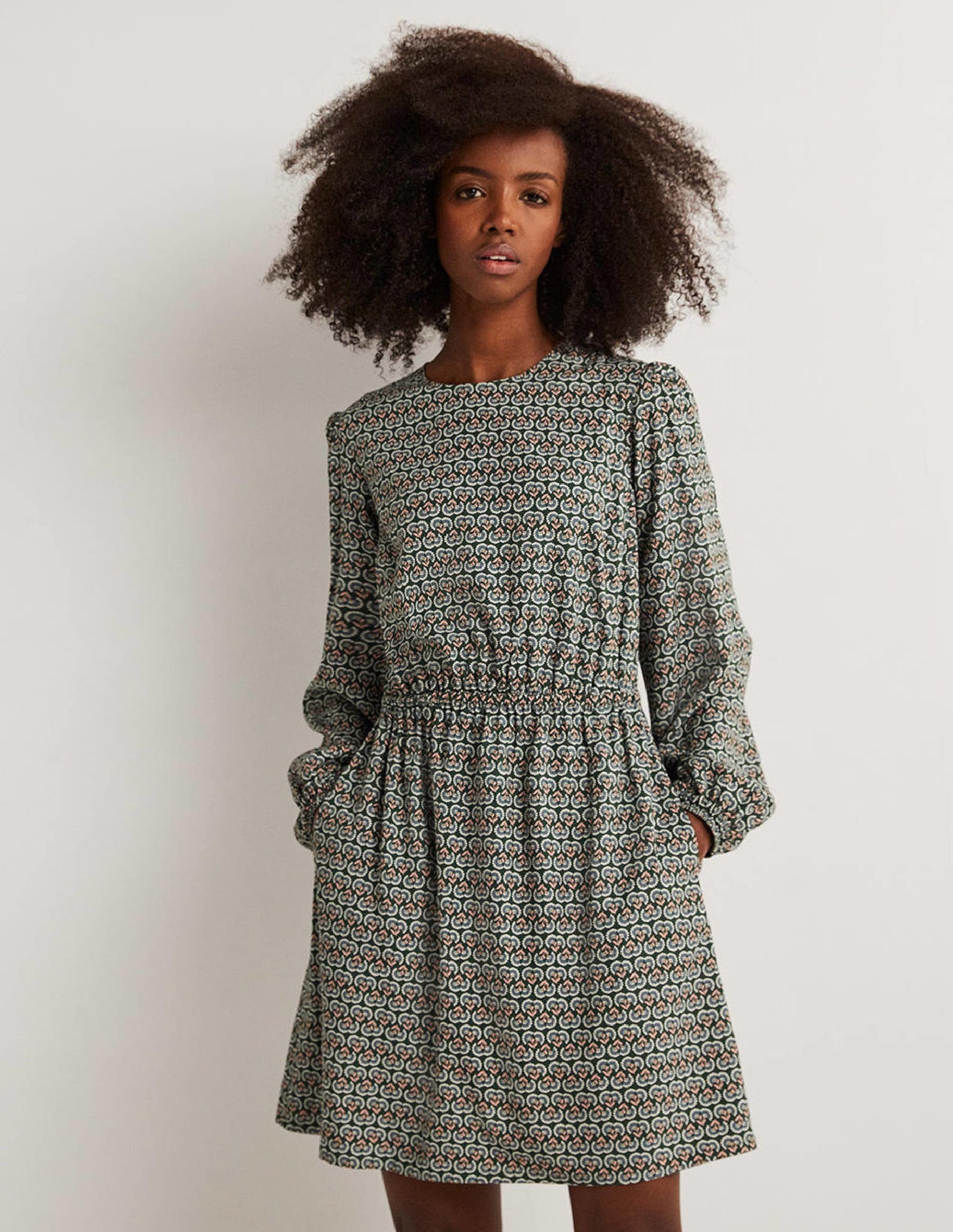 Robe col rond-Vert chasseur, motif Dandelion Pop-1