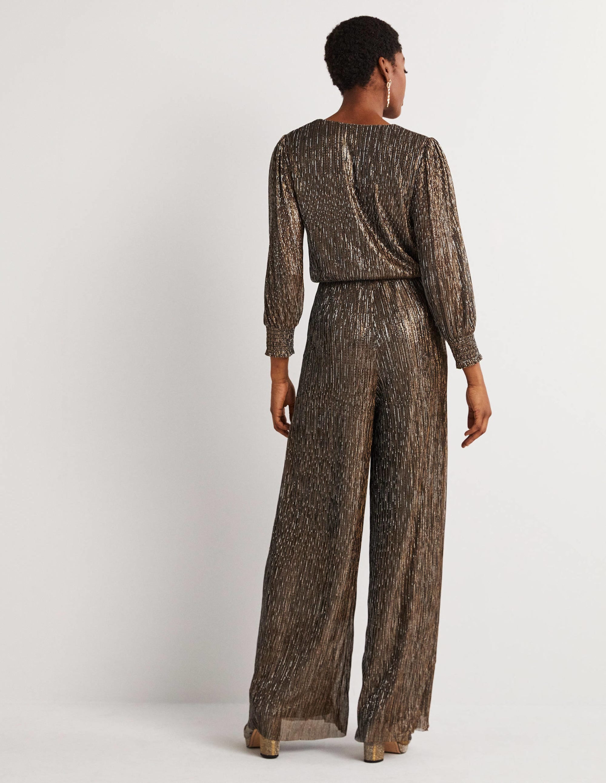 Plissee-Jumpsuit mit Palazzobeinen-Gold/Schwarz, Lurex - Image 3