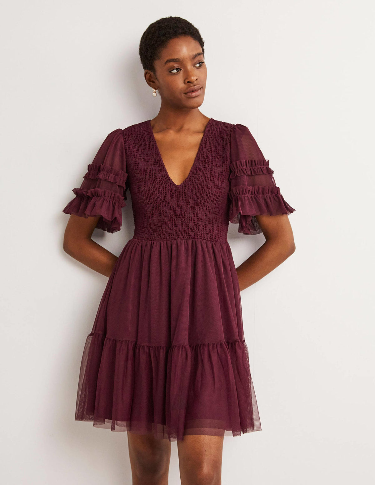 Mini-robe de fête en tulle à smocks-Rubis-1