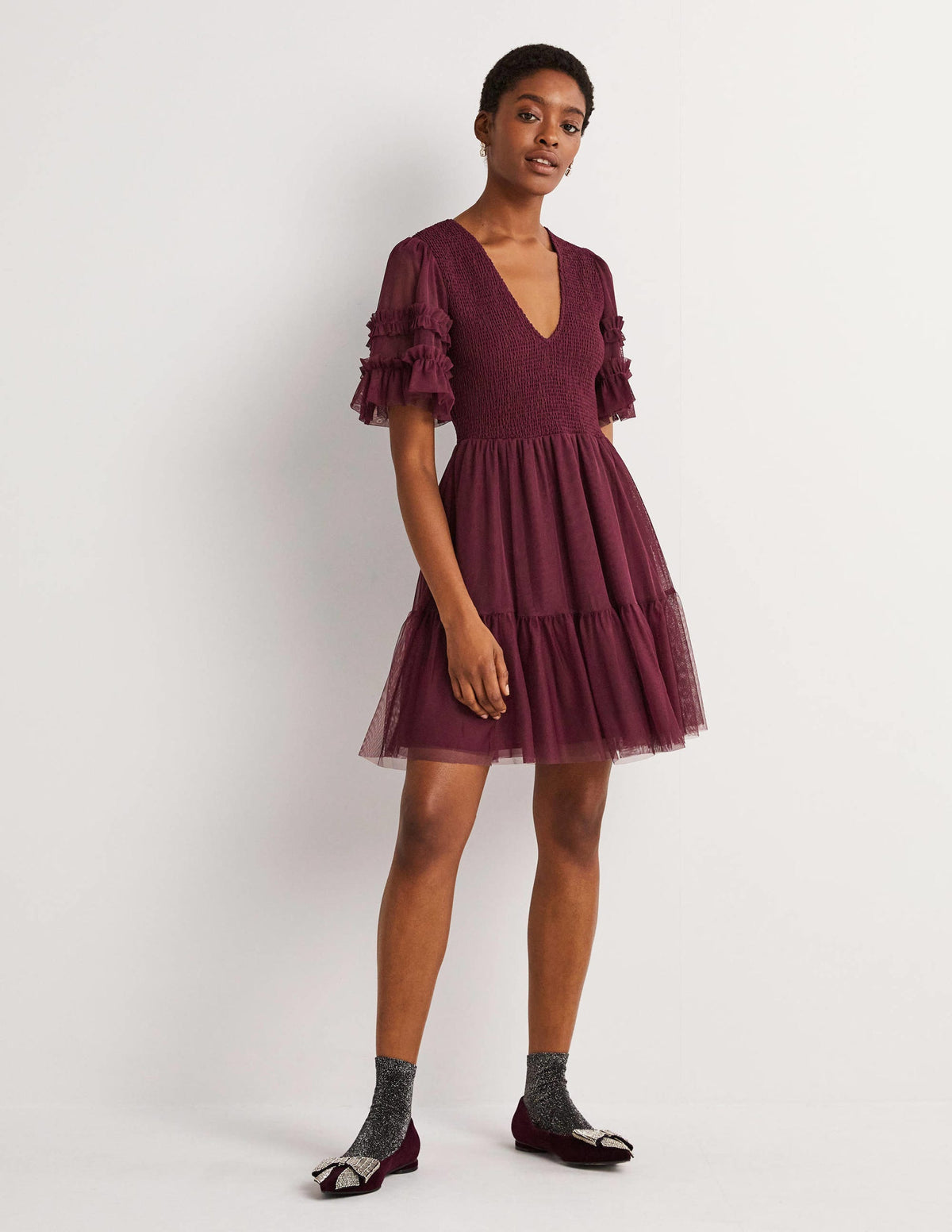 Mini-robe de fête en tulle à smocks-Rubis - Image 4