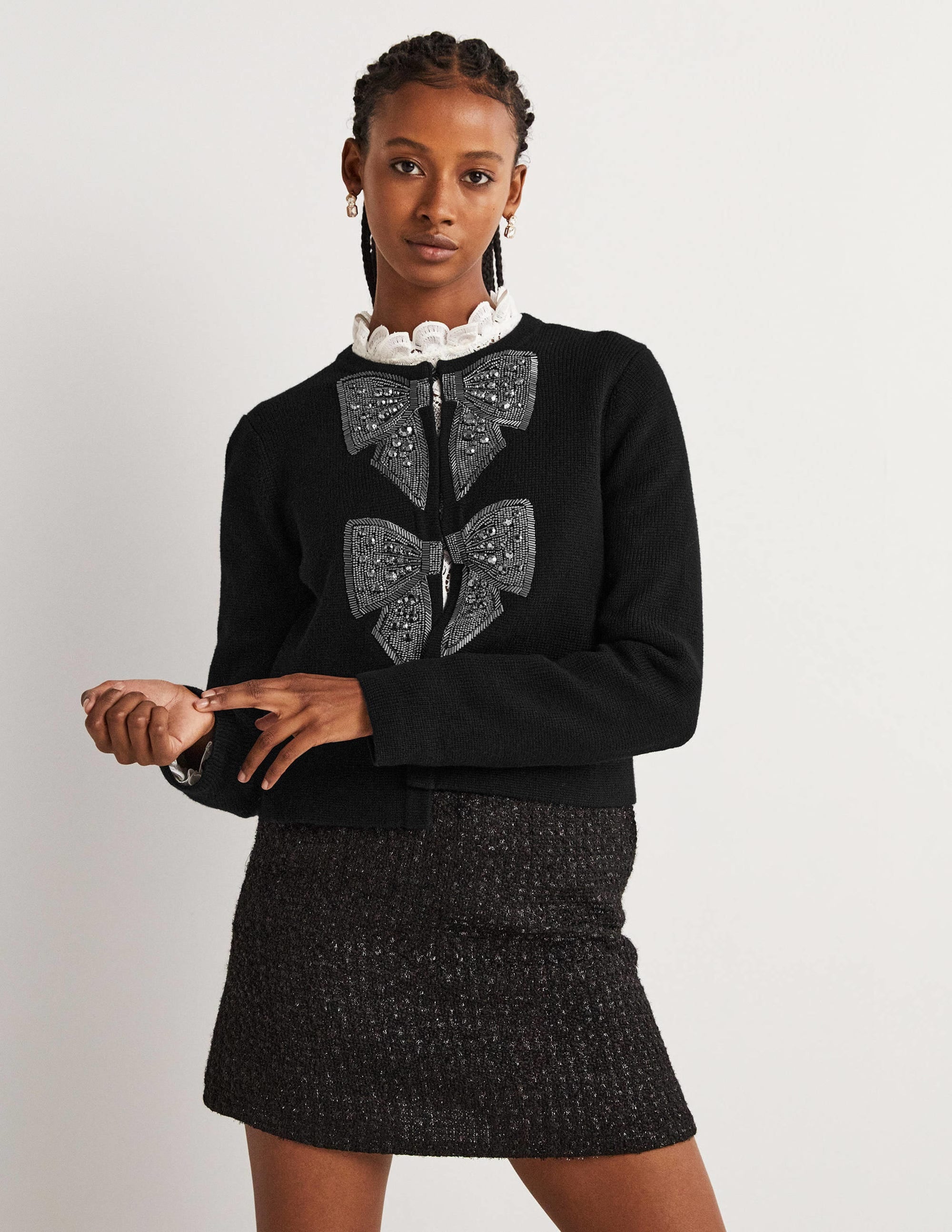 Embellished Knitted Jacket-Black, Embellished Bows - Image 1