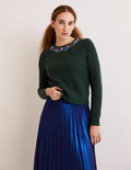 Pull ornementé-Vert foncé, col ornementé