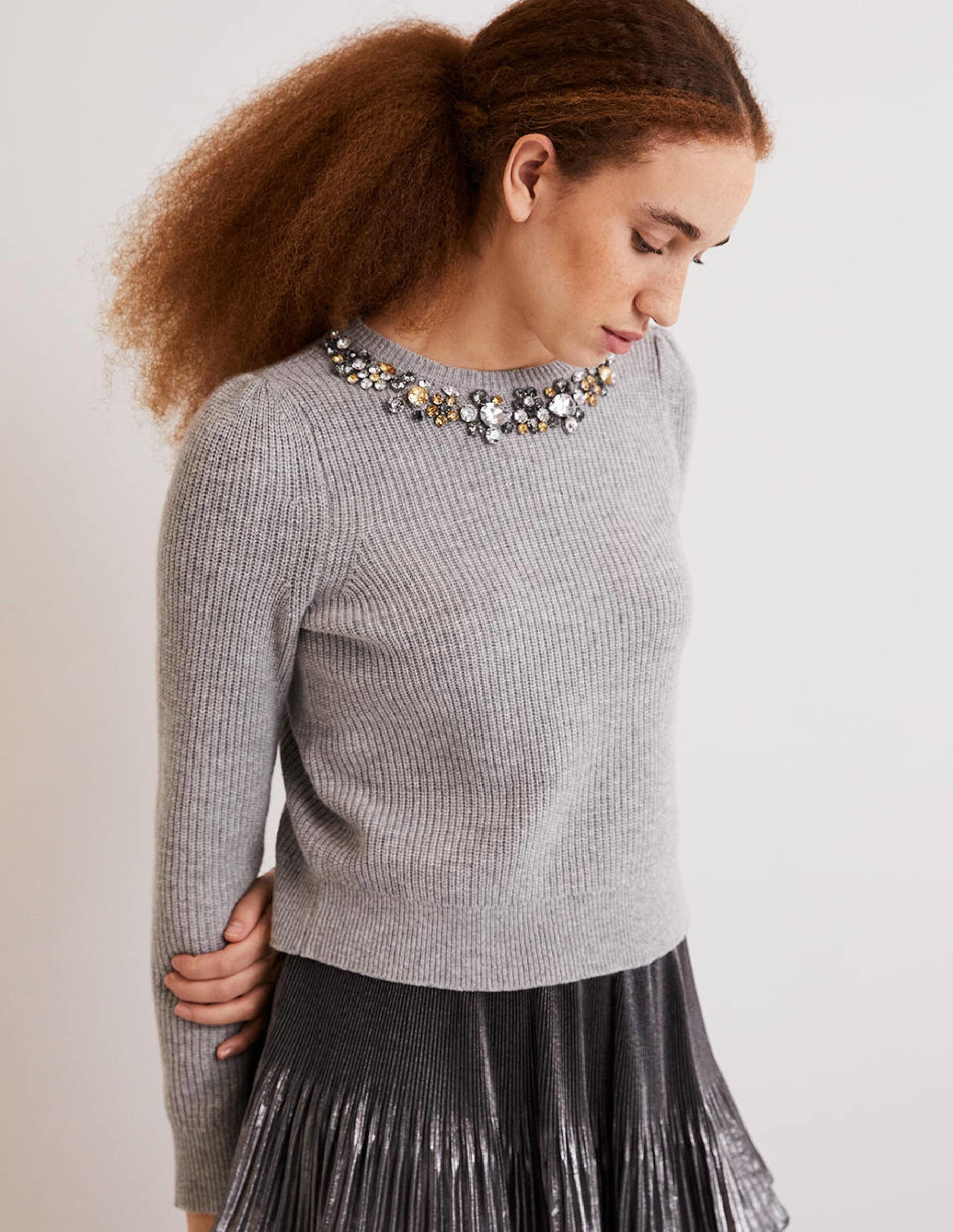 Embellished Party Jumper-Grey, Embellished Collar - Image 1