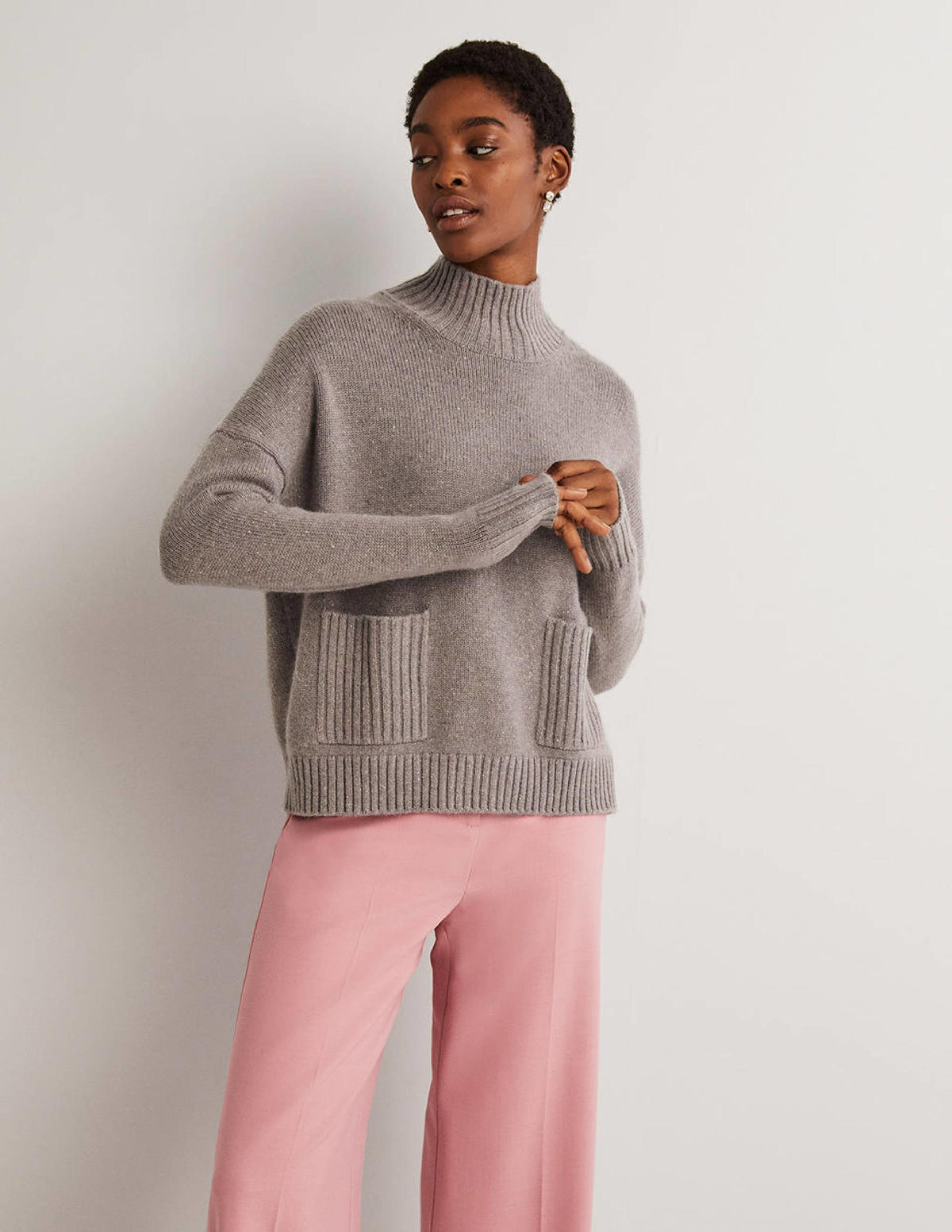 Cashmere High Neck Jumper-Grey, Multi Nep - Image 1