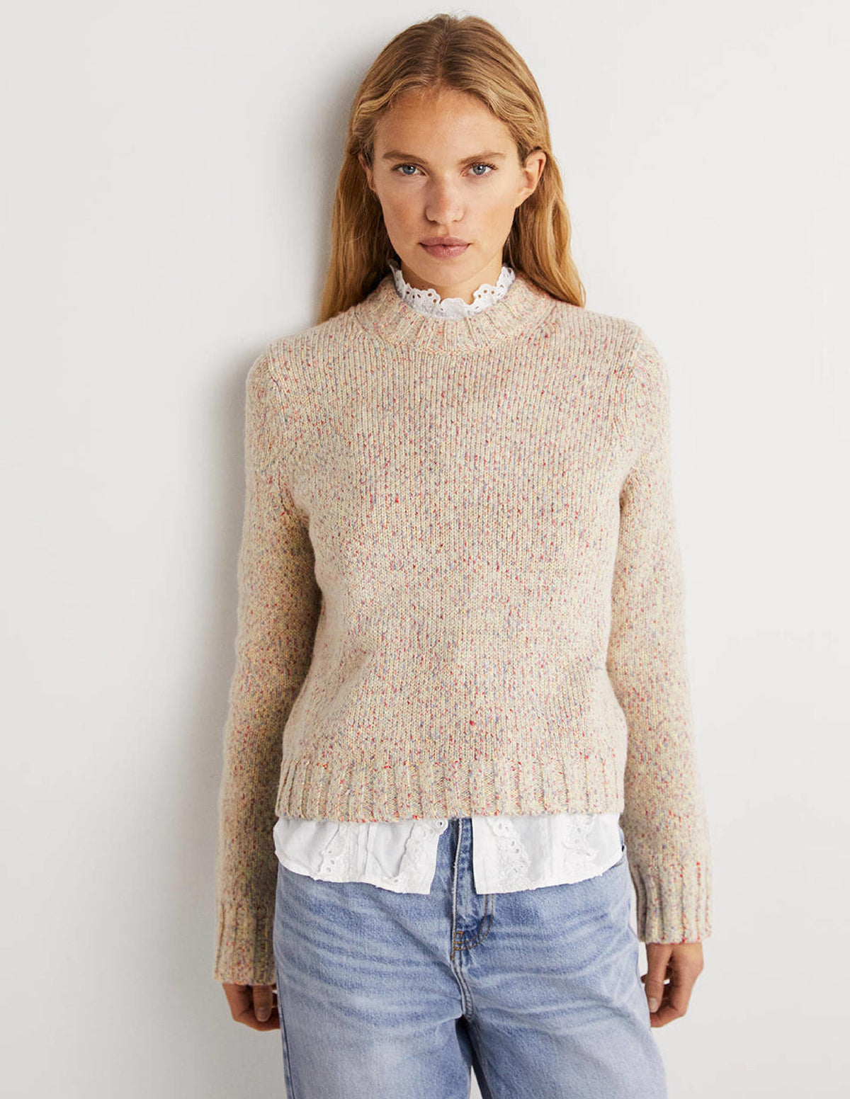 Gesprenkelter flauschiger Pullover-Naturweiß-1