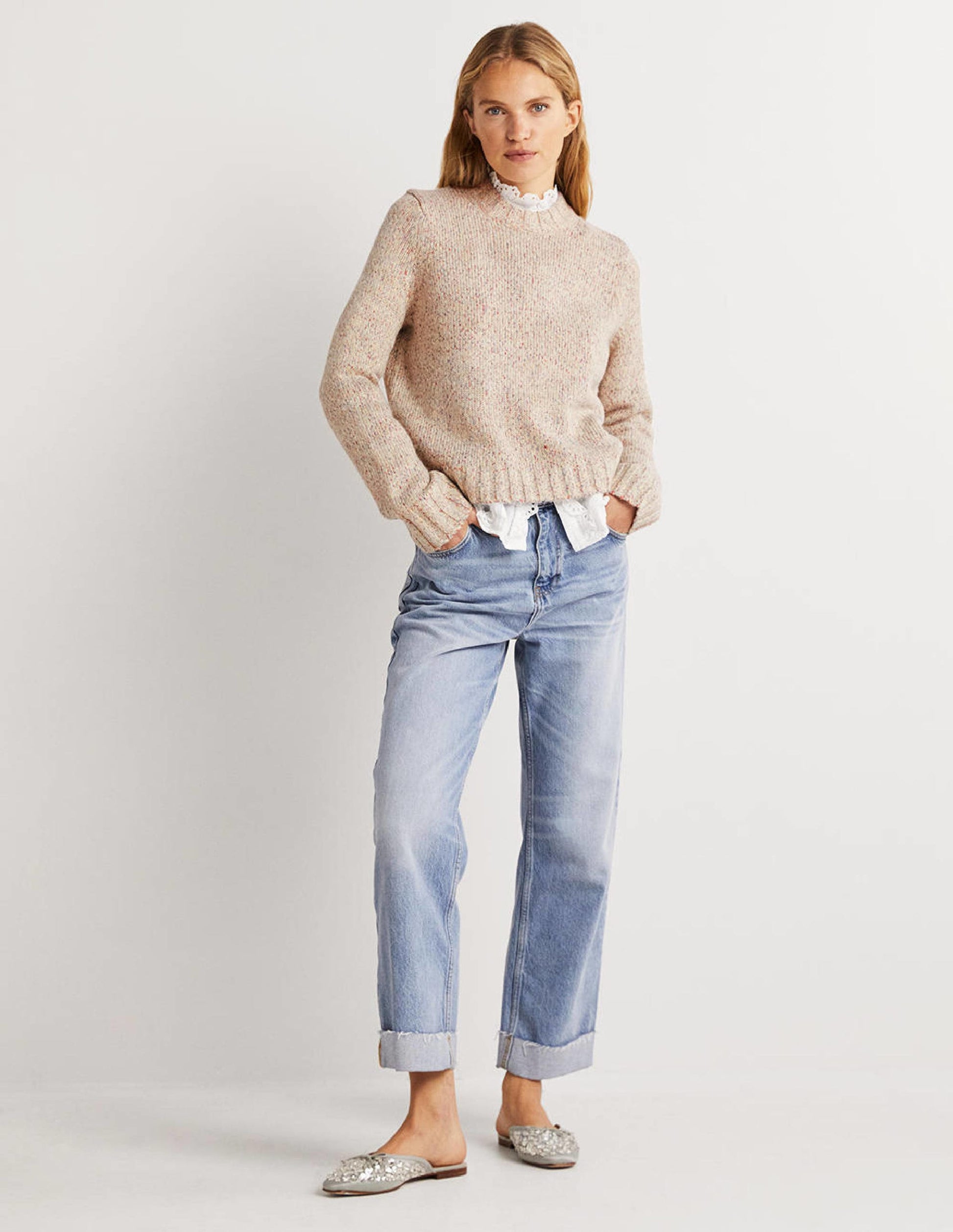 Gesprenkelter flauschiger Pullover-Naturweiß-4