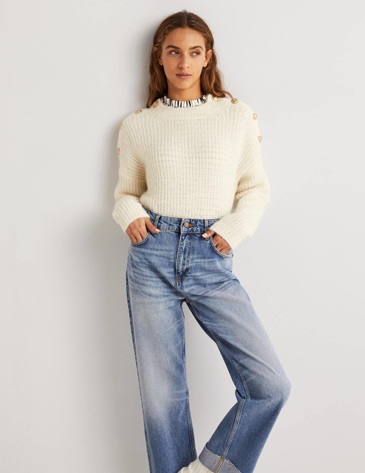 Rippstrickpullover mit Knöpfen an der Schulter-Warmes Naturweiß-4