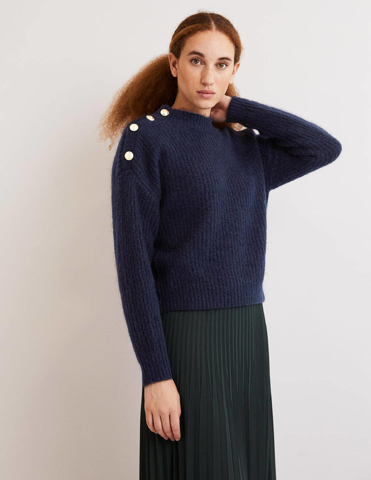 Rippstrickpullover mit Knöpfen an der Schulter-Marineblau - Image 1