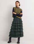 Green Ditsy Floral Tulle Midi Skirt-Seaweed, Wild Vine