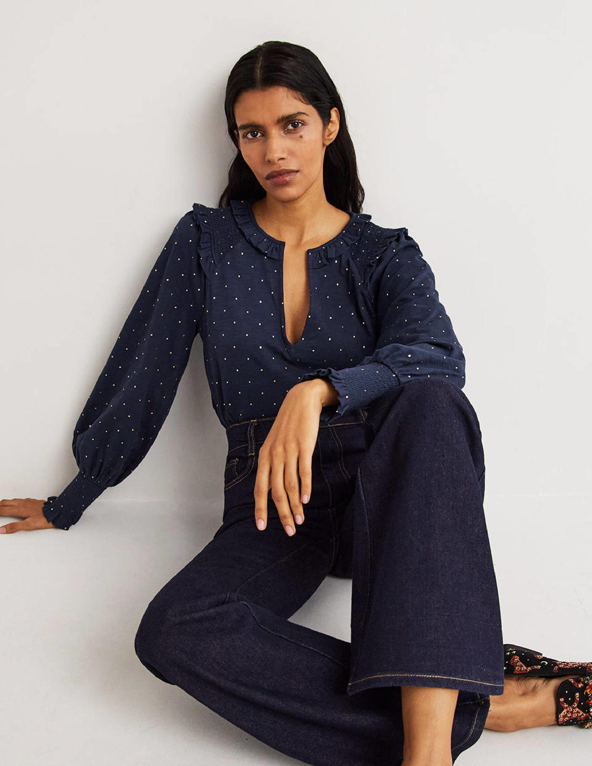 Notch Neck Smocked Frill Top-Navy, Foil Dot-1