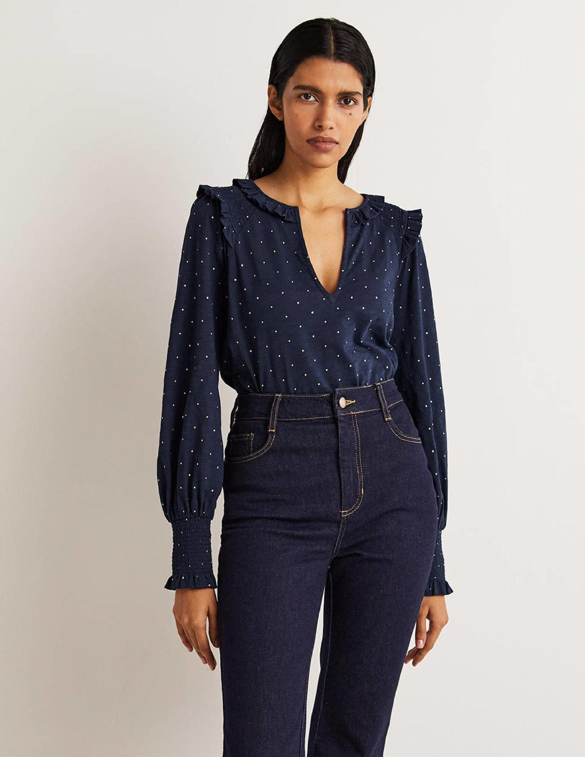 Notch Neck Smocked Frill Top-Navy, Foil Dot - Image 2
