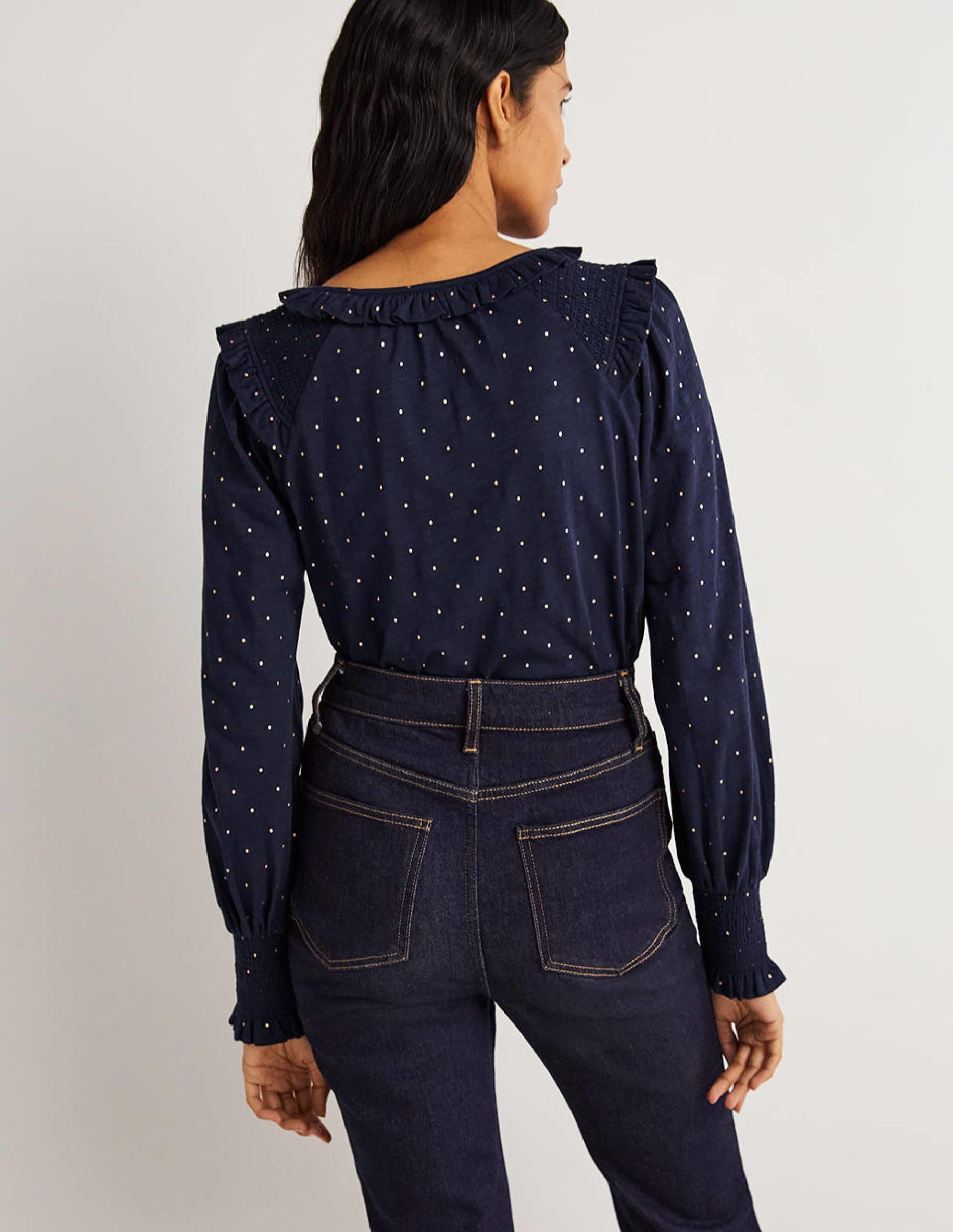 Notch Neck Smocked Frill Top-Navy, Foil Dot - Image 4