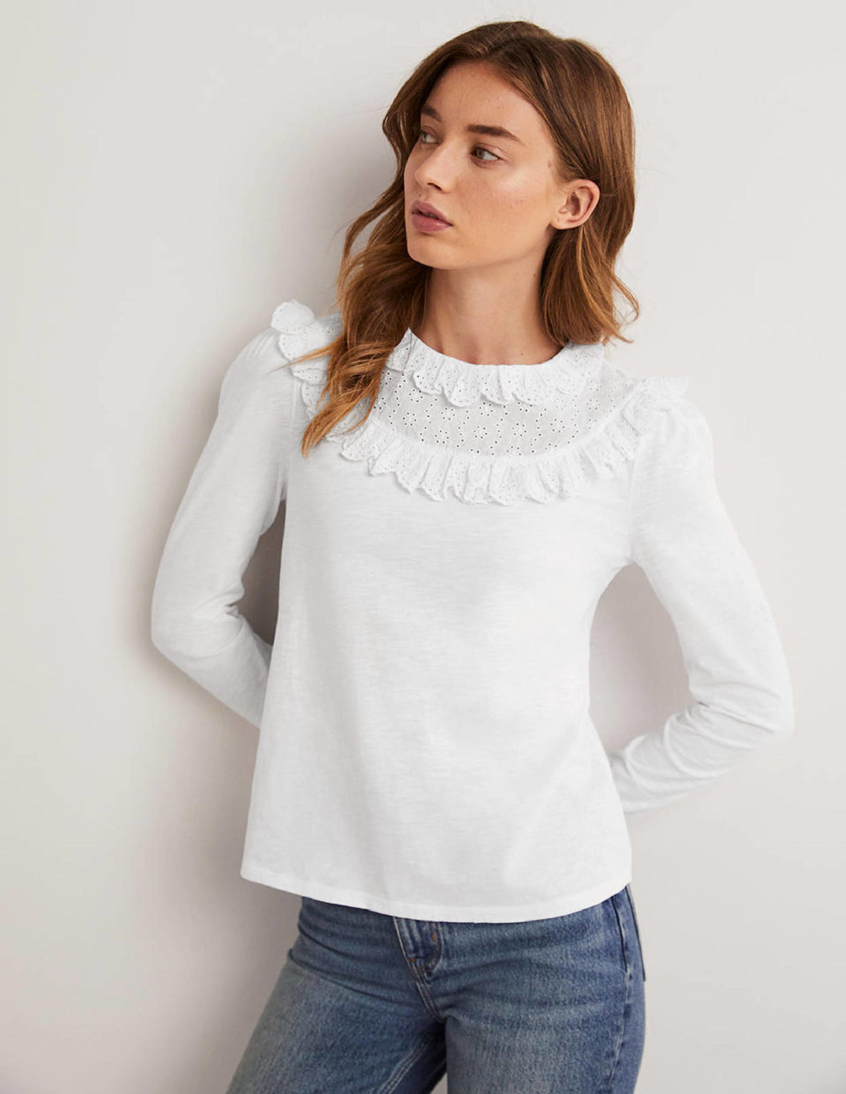 Broderie Yoke Frill Top-White - Image 1