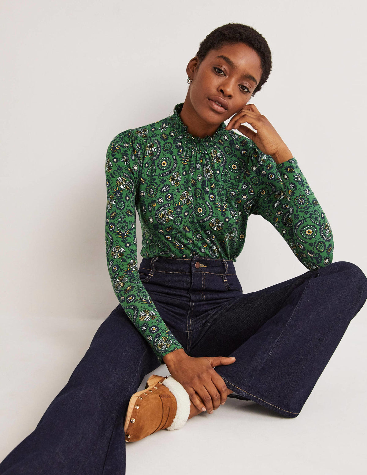 Smocked Neck Printed Top-Broad Bean, Tropic Charm-1