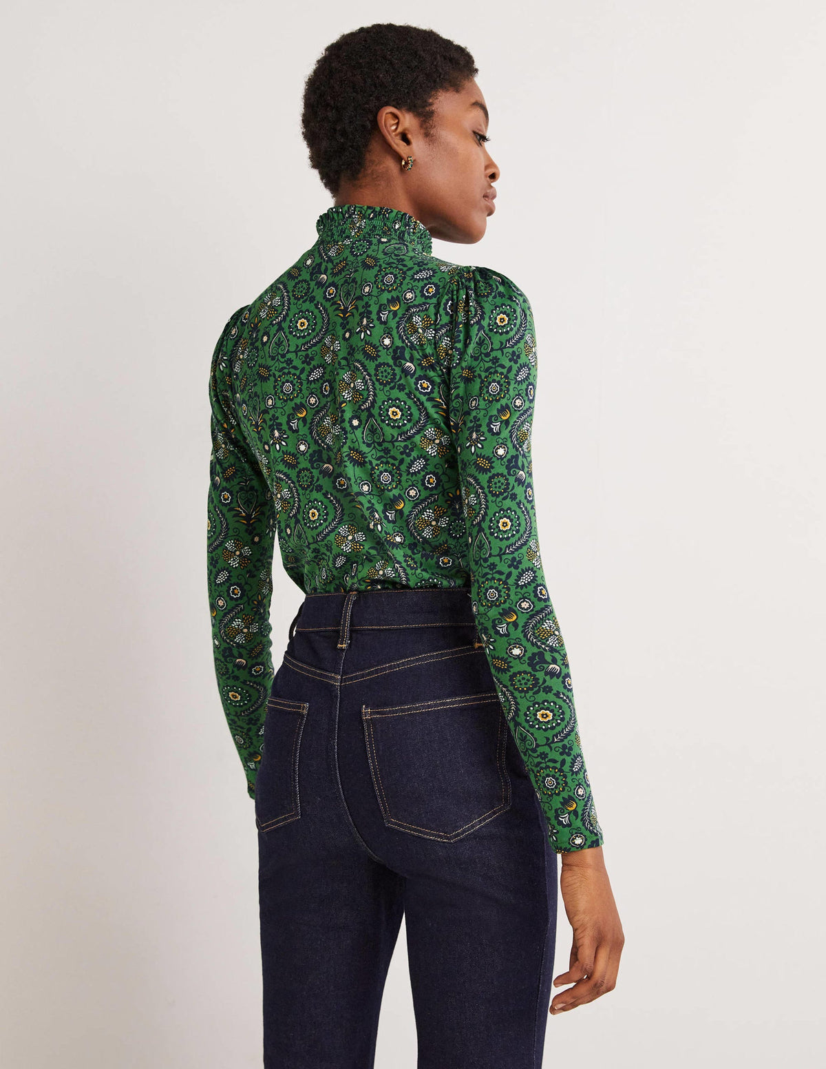 Smocked Neck Printed Top-Broad Bean, Tropic Charm-3