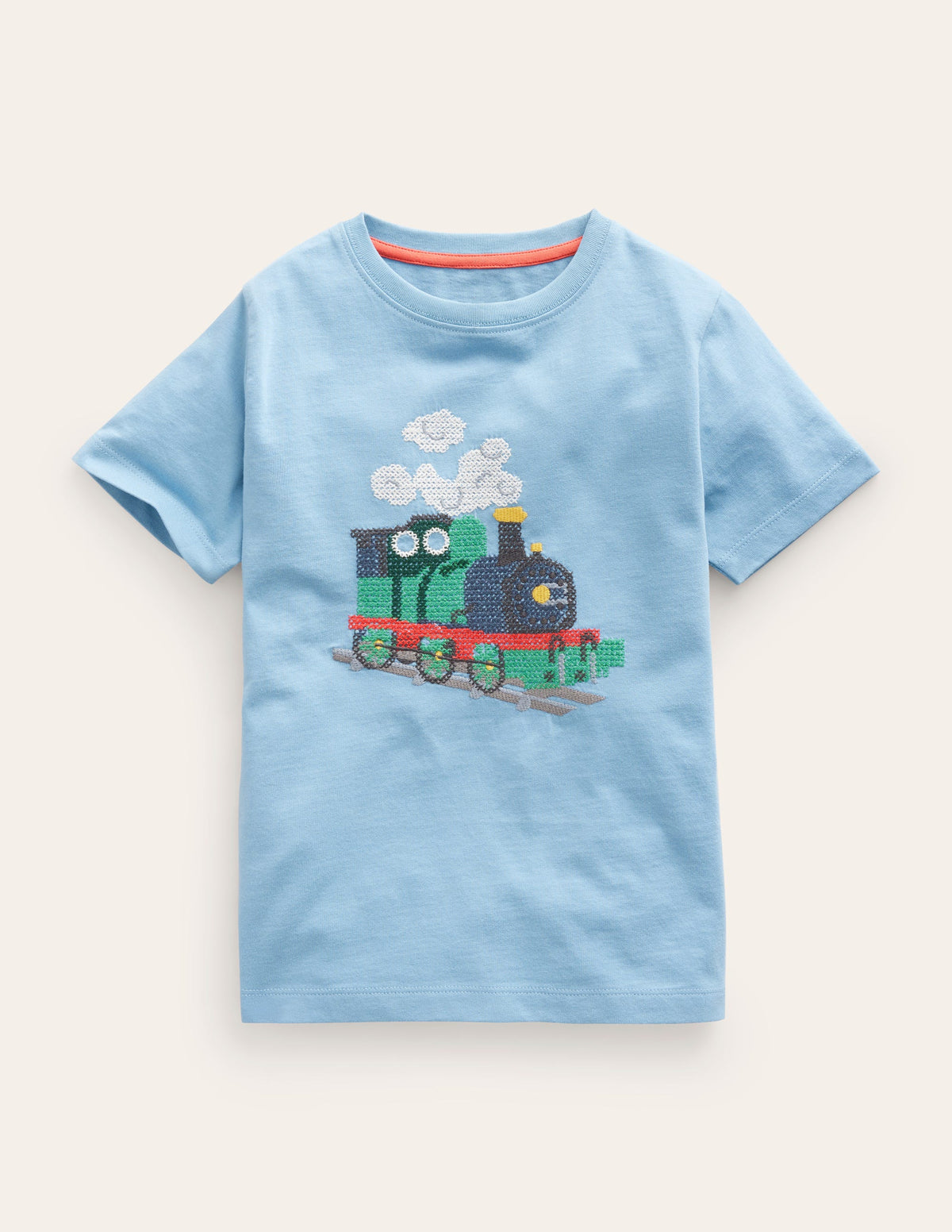 Baumwoll-T-Shirt mit Kreuzstich-Kiesblau Eisenbahn-1