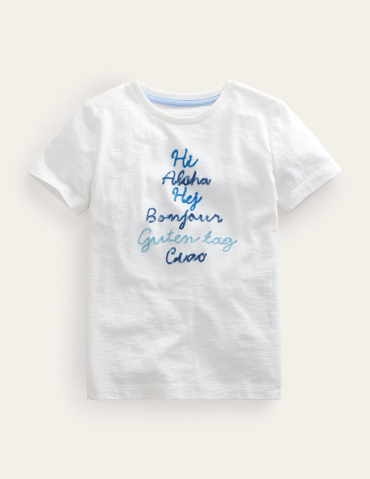 T-Shirt mit Kettenstich und Spruch-Naturweiß Hello-Motiv-1